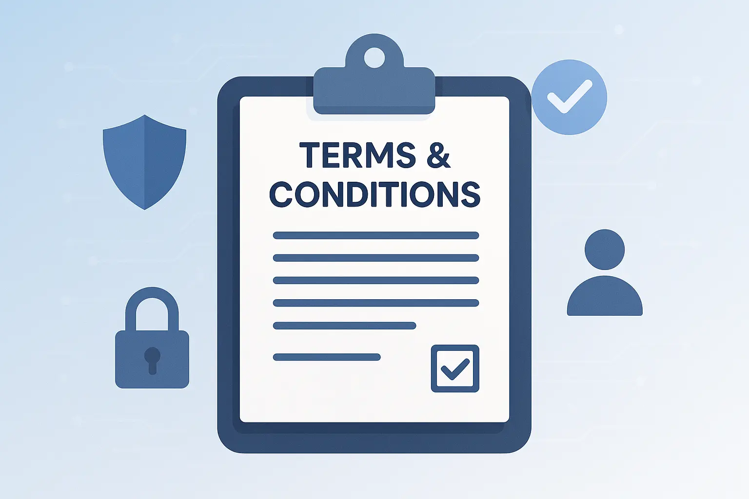 Illustration of a digital terms and conditions document with icons representing security and user trust.